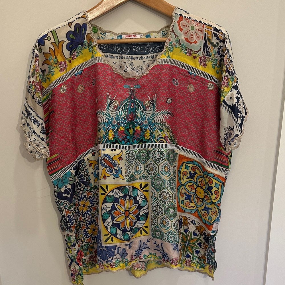 Johnny Was 100% Silk Multicolor Patchwork Short S… - image 4